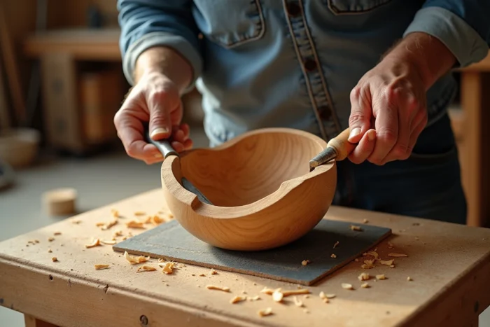 Gros plan sur des mains expérimentées sculptant un bol en bois avec un maillet et un ciseau gouge dans un atelier de garage