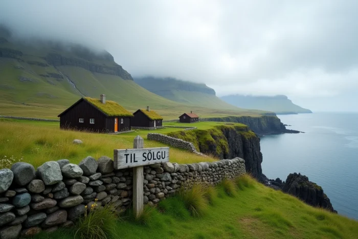 Maison traditionnelle féroïenne avec toit en gazon à vendre sur une colline surplombant un fjord de l'Atlantique Nord