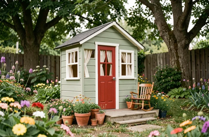 Maisonnette en bois pour enfants peinte en vert sauge dans un jardin fleuri avec une petite véranda et une chaise à bascule miniature