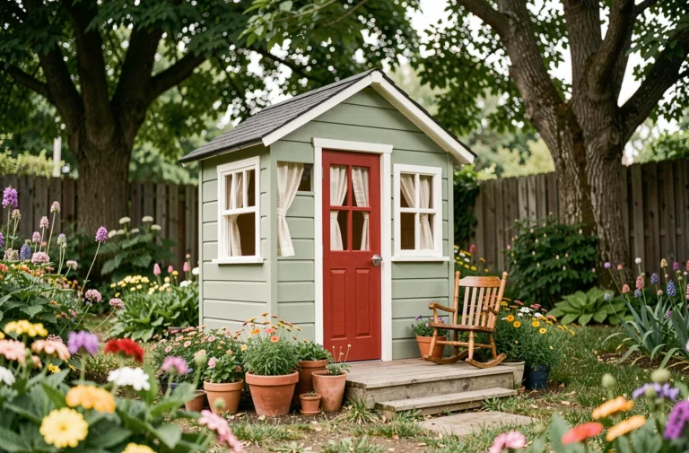 Maisonnette en bois pour enfants peinte en vert sauge dans un jardin fleuri avec une petite véranda et une chaise à bascule miniature