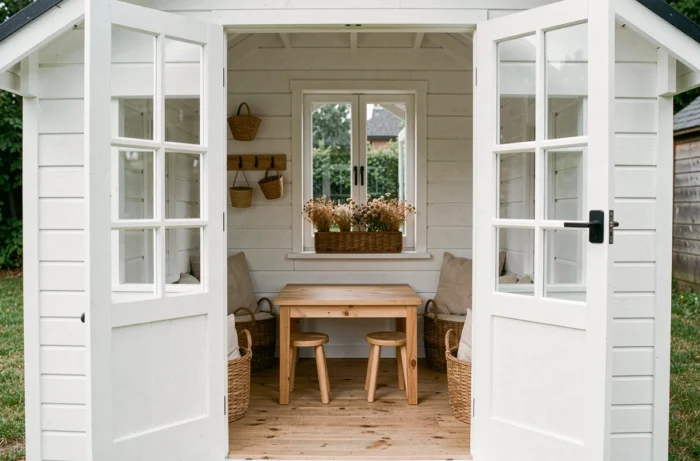 Intérieur minimaliste style scandinave d'une maisonnette pour enfants avec table de jeu en bois, tableau de rangement et fleurs séchées
