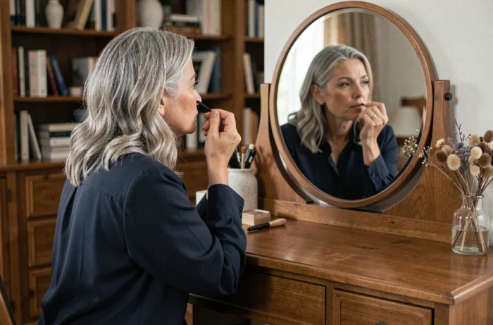 Femme mature appliquant du mascara devant une coiffeuse en bois, maquillage quotidien élégant