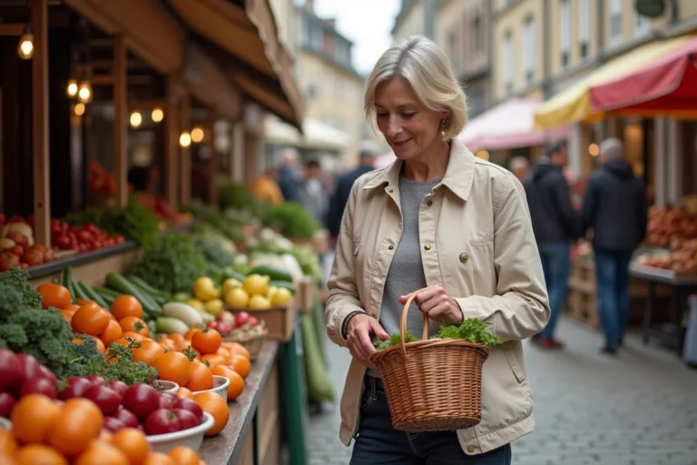 Marché animé de la Place des Lices à Rennes avec une femme locale choisissant des légumes frais parmi les étals colorés
