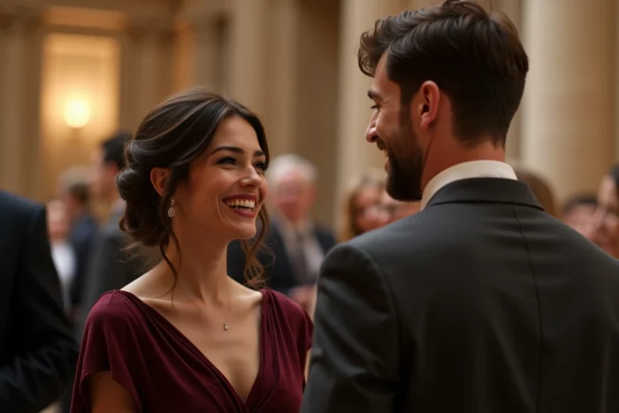 Couple élégant lors d'un événement culturel parisien, femme en robe bordeaux et homme en costume gris, souriant ensemble