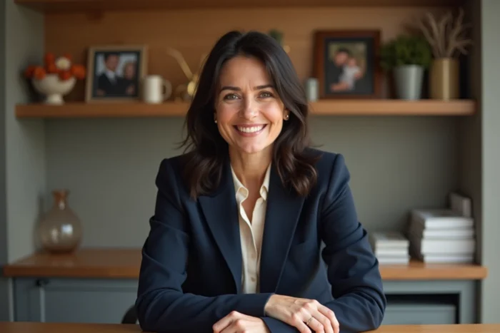 Portrait de Margot Haddad, journaliste française souriante, assise dans un intérieur moderne et chaleureux