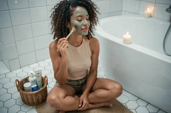 Jeune femme appliquant un masque à l'argile sur le visage dans une ambiance spa maison