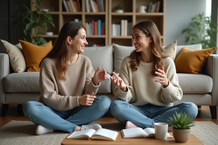 Mère et fille adolescente en conversation bienveillante dans un salon familial organisé