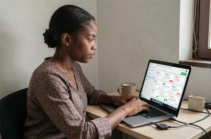 Jeune femme africaine effectuant des microtâches en ligne sur une plateforme de travail fragmenté depuis son appartement