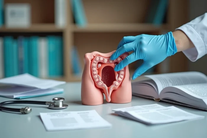 Modèle anatomique détaillé du rectum montrant une hémorroïde externe avec la main d'un médecin en gant médical désignant la zone affectée