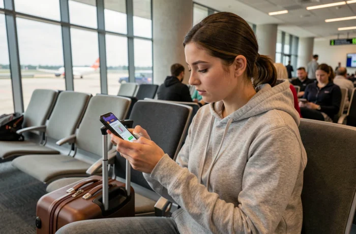 Jeune femme modifiant son deuxième prénom absent sur l'application easyJet dans un salon d'aéroport