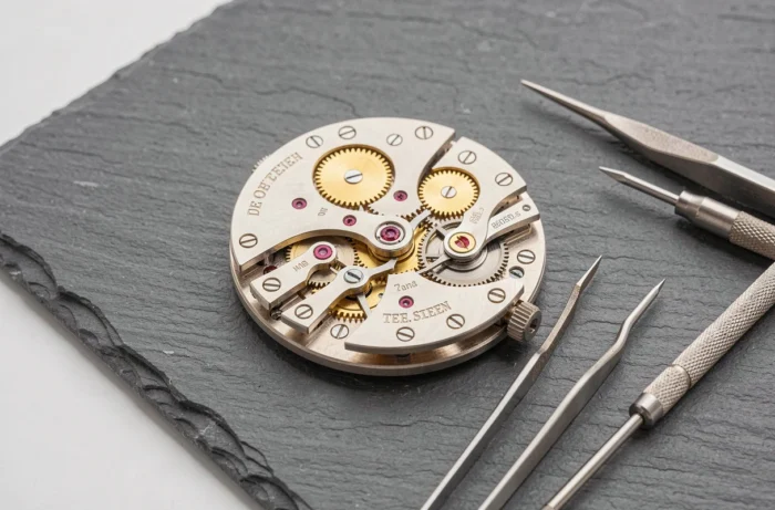 Gros plan sur le mouvement mécanique d'une montre Certus révélant son savoir-faire horloger
