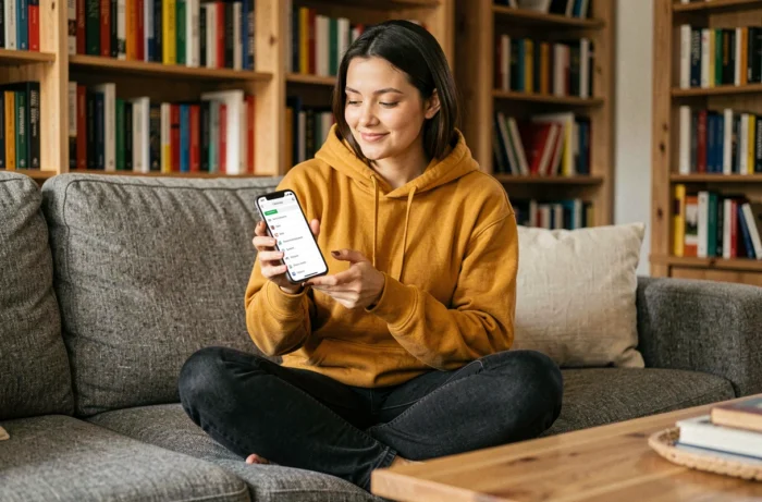 Jeune femme naviguant sur l'ensemble des pages d'un site web depuis son smartphone dans un salon confortable