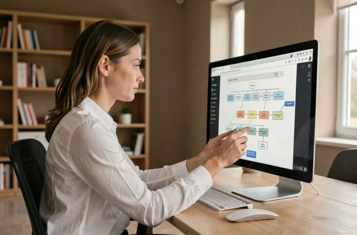 Femme professionnelle naviguant sur le plan du site Esprits Public depuis un bureau moderne