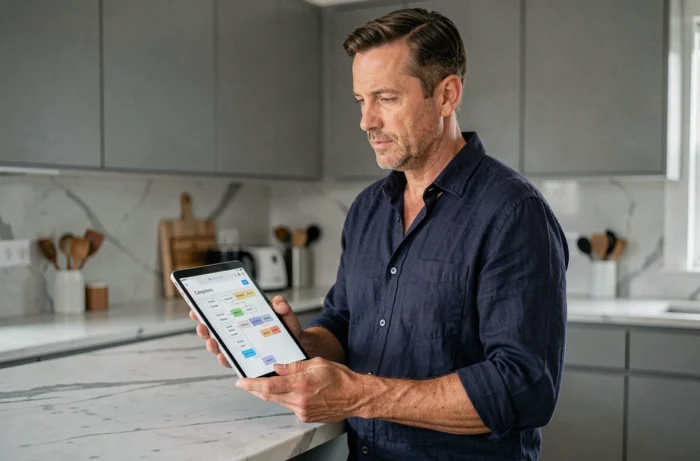 Homme consultant le plan de navigation d'un site web sur une tablette dans une cuisine moderne