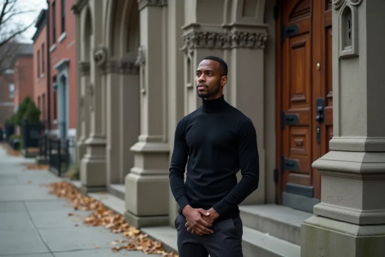 Jeune homme d'origine éthiopienne debout devant une église orthodoxe à Toronto, regard contemplatif évoquant les origines et la spiritualité de The Weeknd