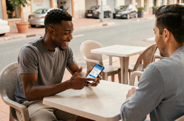 Jeune homme africain présentant un lien de parrainage sur son téléphone à un ami dans un café