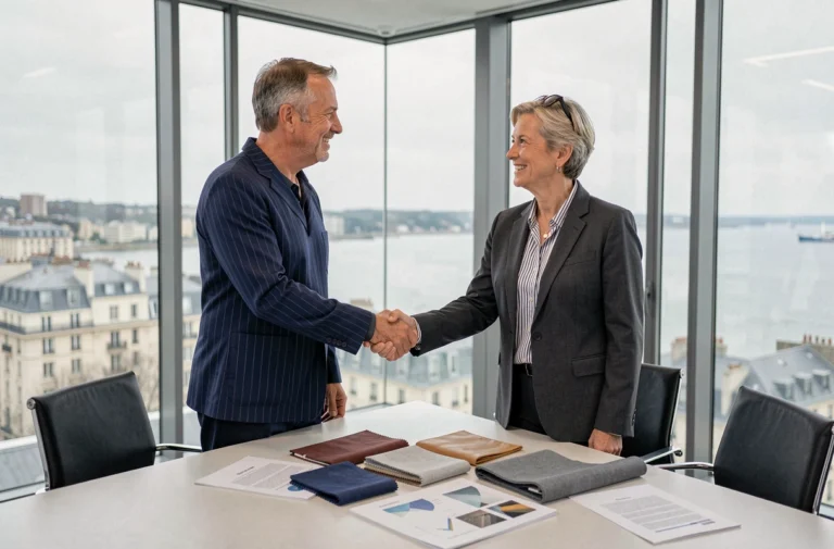Deux professionnels signant un partenariat commercial entre Armor Lux et Intermarché dans une salle de réunion moderne