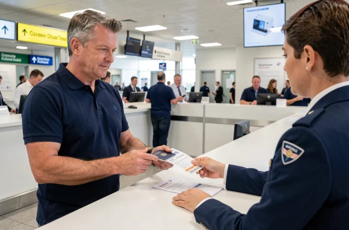 Passager présentant son passeport et billet easyJet à l'enregistrement de l'aéroport pour correction de prénom