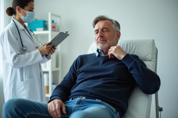 Patient homme en consultation médicale tenant son cou, reconnaître les symptômes d'une infection virale chez le médecin