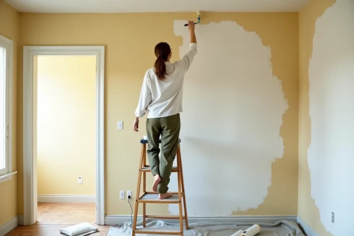 Femme peignant un mur de salon en rénovation avec un rouleau depuis un escabeau en bois, avec bâche de protection au sol