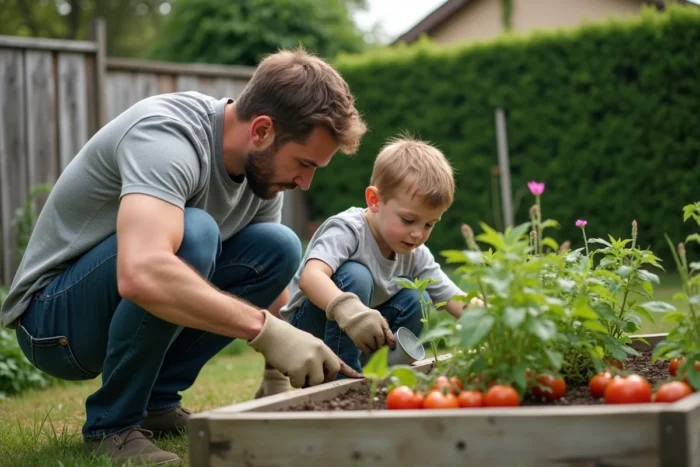 Père et fils jardinent ensemble dans un potager familial, transmettant autonomie et responsabilité
