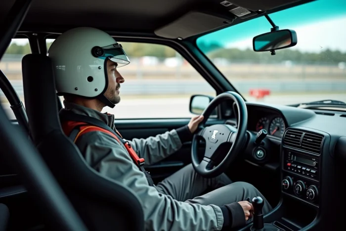 Intérieur cockpit d'une Peugeot 306 préparée circuit avec cage de sécurité, siège baquet, harnais et tableau de bord sportif, pilote au volant