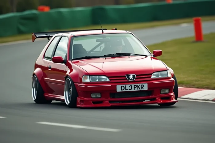 Peugeot 306 rouge avec kit carrosserie large en pleine courbe sur circuit, prise de vue à ras du sol mettant en valeur la préparation sportive