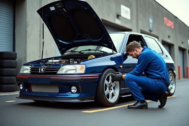 Mécanicien inspectant une Peugeot 306 préparée pour circuit dans la voie des stands, capot ouvert révélant un kit moteur modifié