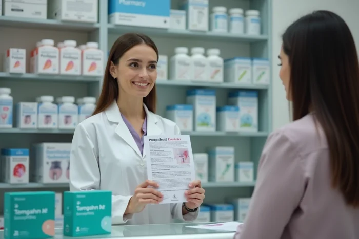 Pharmacienne tenant une brochure d'information sur les hémorroïdes externes et conseillant un patient au comptoir d'une pharmacie moderne