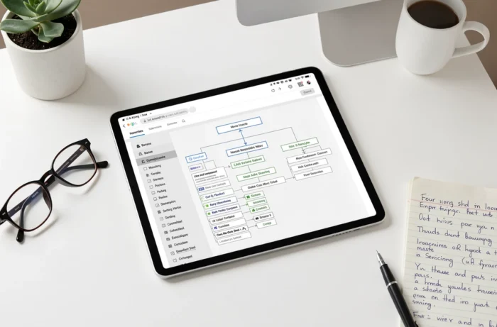 Vue rapprochée d'une tablette affichant le plan du site Esprits Public avec notes manuscrites