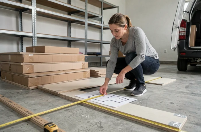 Femme mesurant et planifiant l'organisation des meubles avant de les charger dans un camion de déménagement 6m3