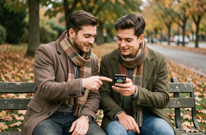 Deux amis dans un parc discutant du point vert Snapchat et de la durée de visibilité du statut en ligne