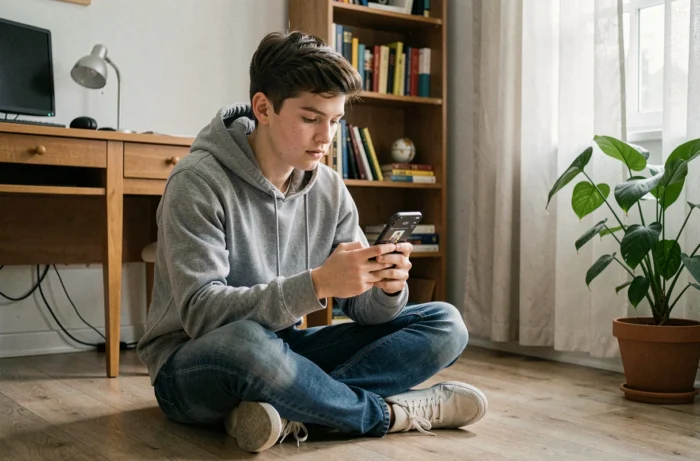 Adolescent dans sa chambre regardant une conversation Snapchat et le point vert indiquant la disponibilité d'un contact