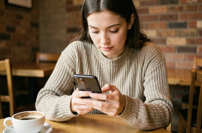 Jeune femme consultant Snapchat dans un café et observant le point vert de statut en ligne sur son smartphone