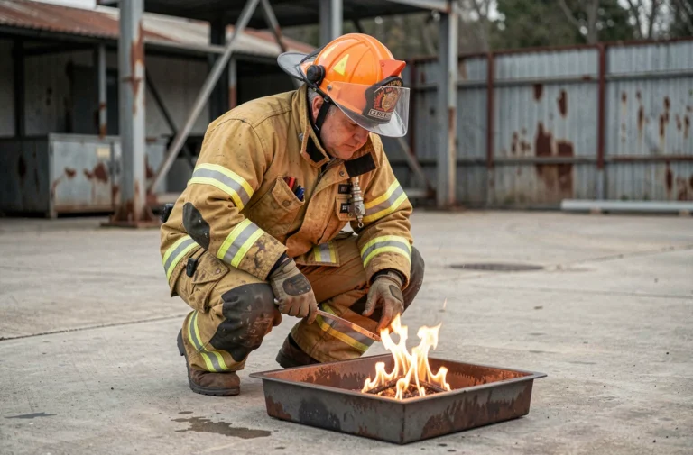 Pompier en tenue de protection examinant un feu de classe B sur liquide inflammable lors d'un exercice de formation industrielle