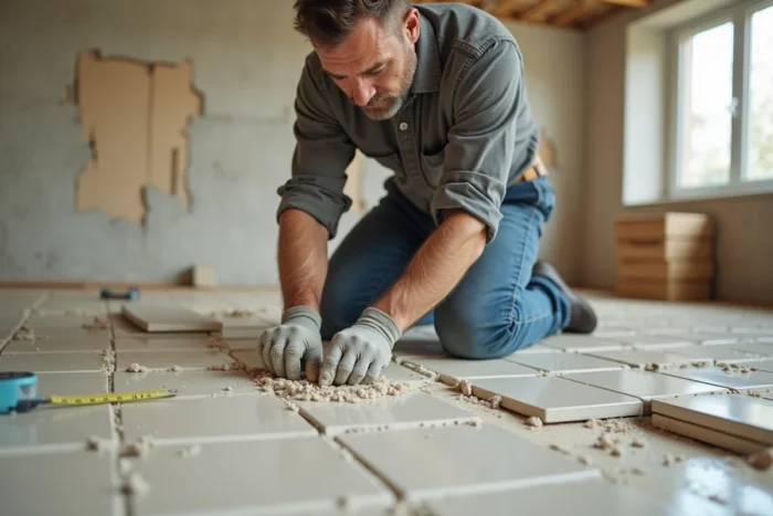 Homme posant des carreaux de céramique dans une cuisine en cours de rénovation, avec truelle et mortier colle sur un sous-plancher en bois