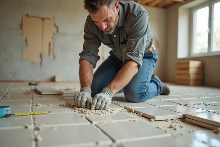Homme posant des carreaux de céramique dans une cuisine en cours de rénovation, avec truelle et mortier colle sur un sous-plancher en bois