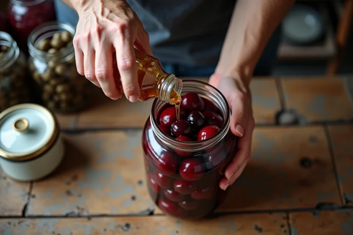 Mains versant de l'alcool 90 alimentaire sur des fruits en bocal pour une préparation maison