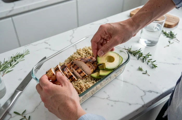 Préparation d'un repas équilibré post-entraînement avec poulet grillé, quinoa et avocat sur un plan de travail en marbre, illustrant les conseils nutritionnels pour optimiser les performances fitness