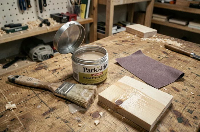 Pot de gel de protection bois Parkside ouvert avec pinceau et papier de verre sur un établi en bois