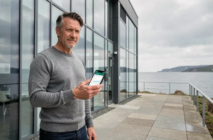 Professionnel du numérique devant une agence web moderne à Brest avec la côte bretonne en arrière-plan
