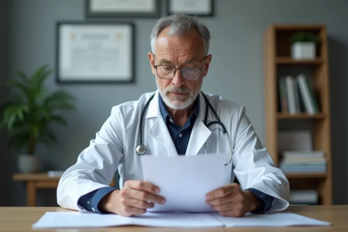 Psychiatre consultant des documents médicaux dans son cabinet, évoquant la prescription d'un traitement antidépresseur comme Nanomood Forte