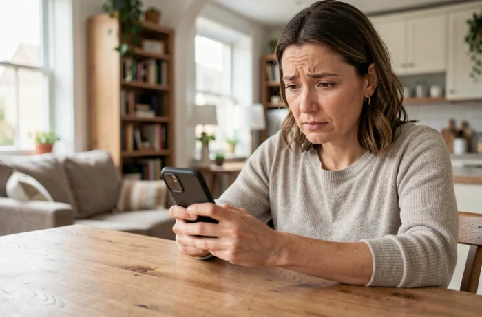 Femme cherchant un électricien fiable sur son smartphone depuis son domicile