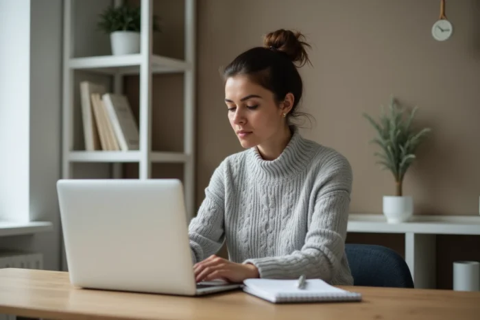 Femme concentrée sur son ordinateur portable en train de rechercher un emploi en ligne depuis son bureau à domicile
