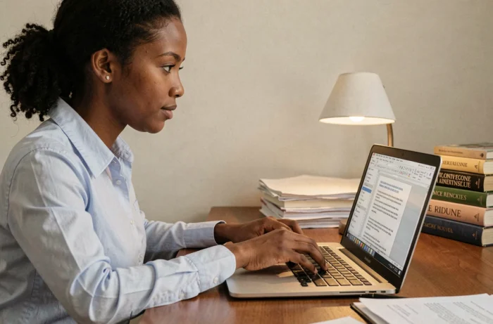 Jeune femme africaine rédigeant un article web en freelance sur son ordinateur portable