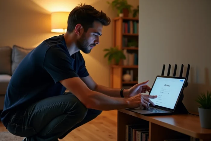 Jeune homme réinitialisant son routeur Wi-Fi pour rétablir la connexion à un service cloud depuis son salon