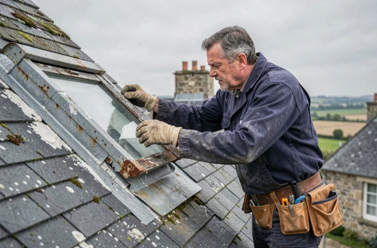 Couvreur en train de déposer un ancien Velux sur une toiture en ardoise lors d'une rénovation
