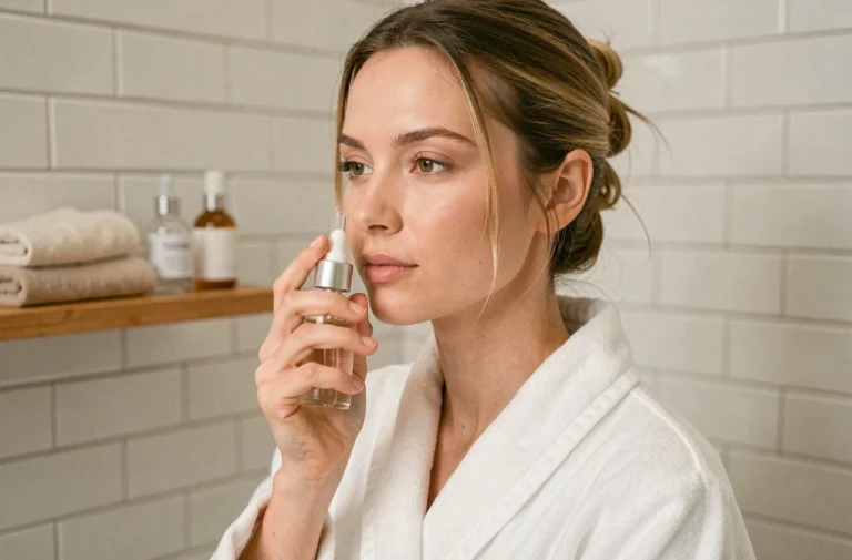 Femme appliquant un sérum sur son visage dans une salle de bain minimaliste, routine beauté quotidienne