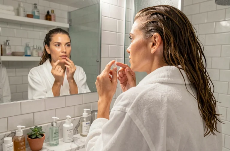 Femme appliquant un sérum visage dans sa salle de bain lors d'une routine beauté matinale