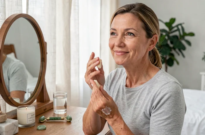 Femme d'une quarantaine d'années appliquant une crème hydratante devant son miroir de coiffeuse